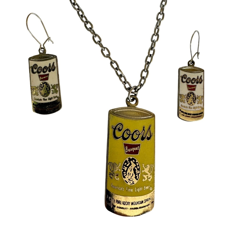 Coors Banquet Beer Can Necklace and Earrings Jewelry Set Silver Tone